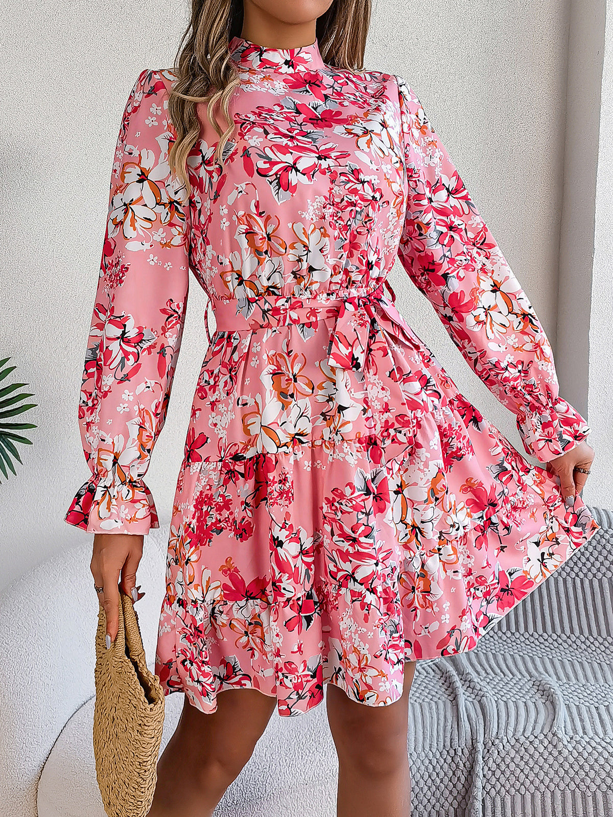 Robe longue fleurie à volants Loom & Soul™ – Robe trapèze à col montant et taille élastiquée pour femme pour le printemps et l'automne