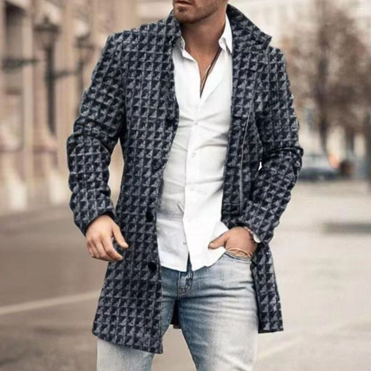 Men’s Printed Wool Trench Coat – Long Sleeve European Style