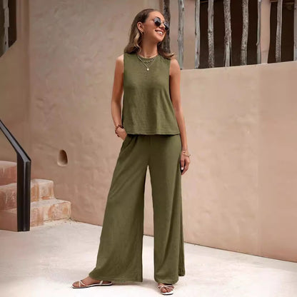 Women’s Linen Two-Piece Set – Sleeveless Top & Loose Pants Outfit