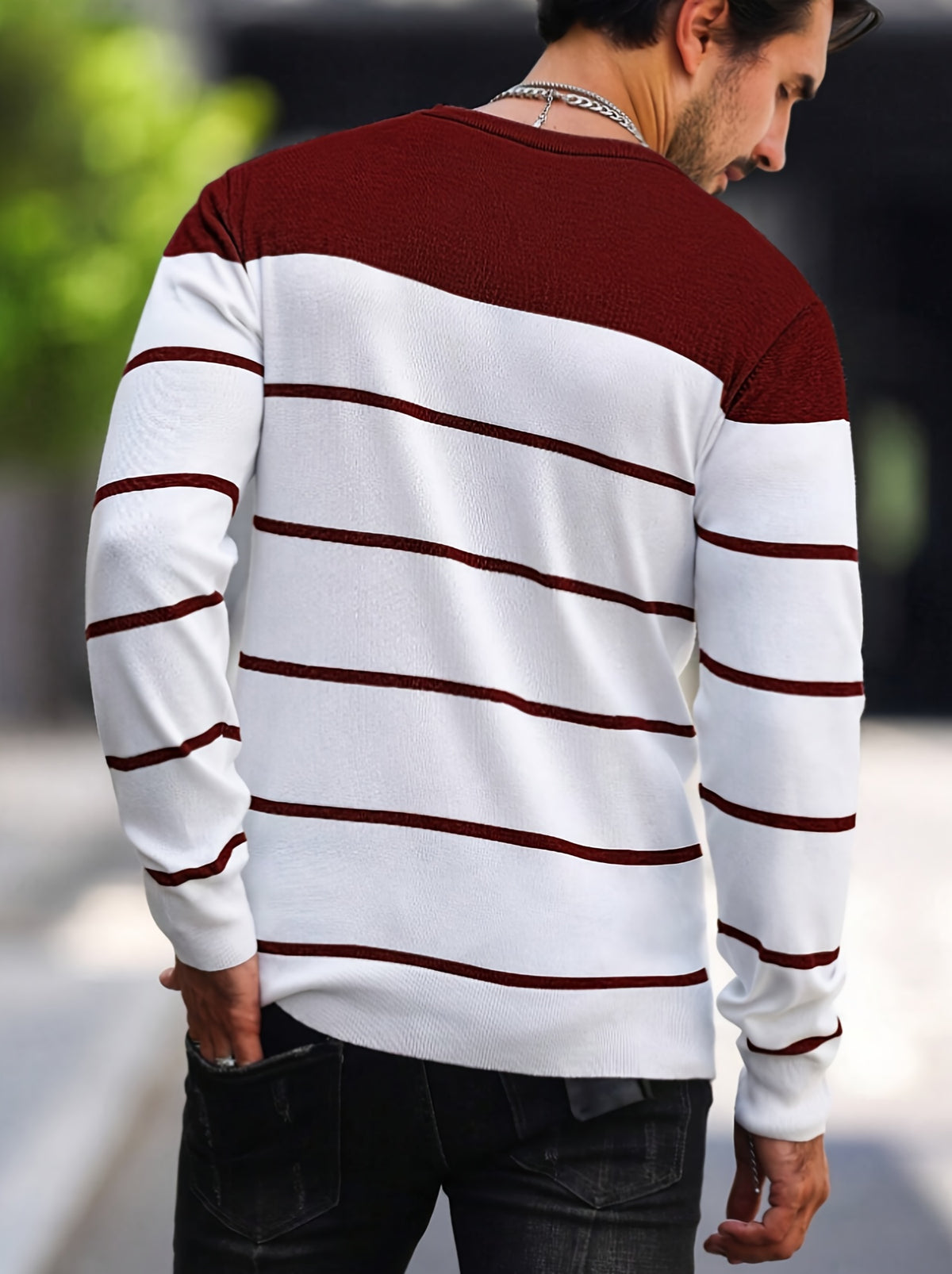 Men’s Navy Striped Knit Sweater – Casual Crew Neck Pullover