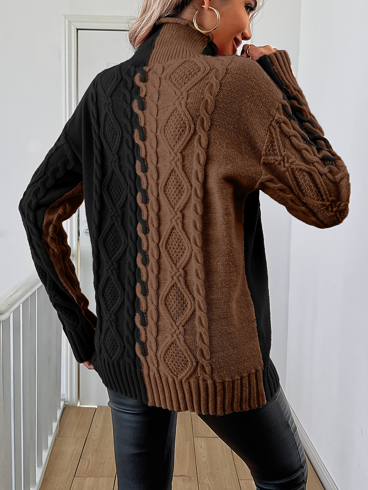 Elegant High-Neck Striped Blouse – Color-Block Knit Long Sleeve Top