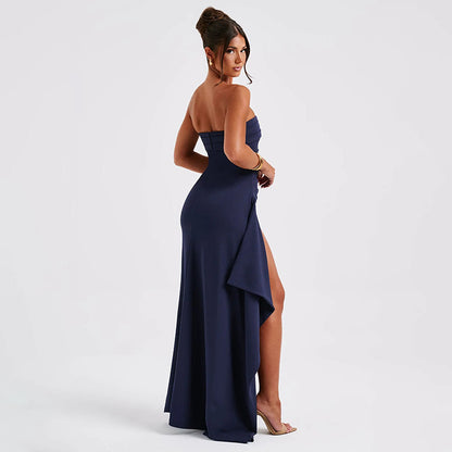Robe longue plissée bustier – Robe de soirée de demoiselle d'honneur élégante fendue