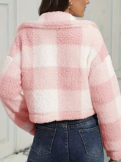 Manteau en peluche à carreaux pour femme – Vêtement d'extérieur chaud à carreaux pour l'automne/hiver avec boutons