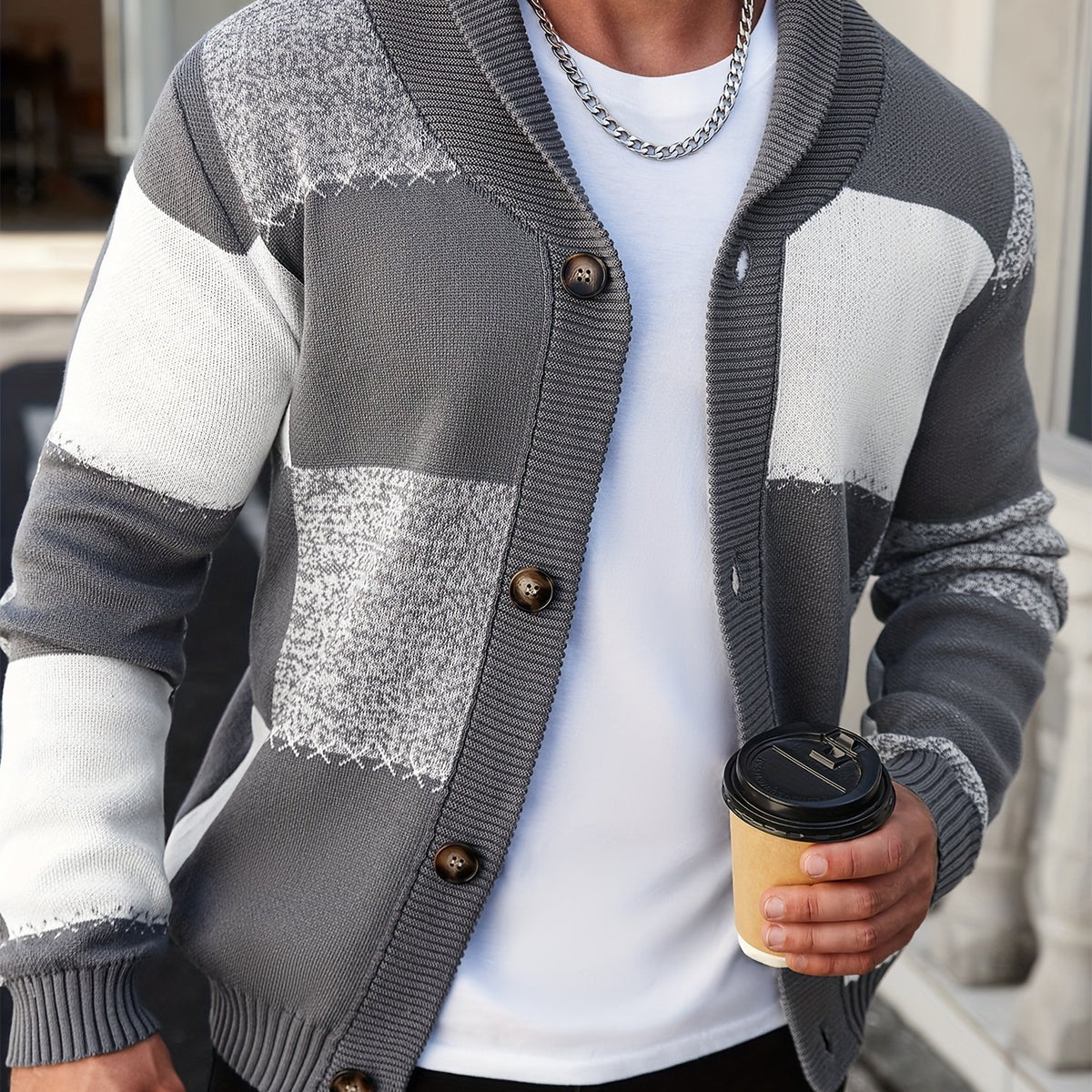Gilet en maille à coutures contrastantes – Pull décontracté côtelé à revers