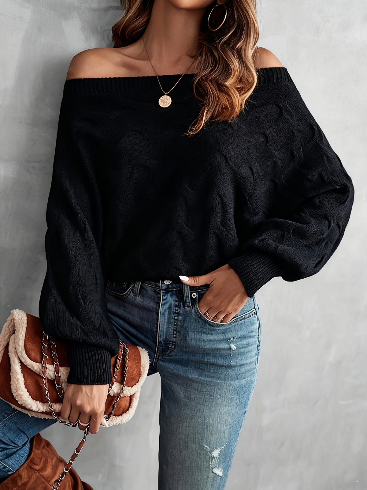 Chandail chauve-souris à épaules dénudées pour femme – Tricot ample toutes saisons
