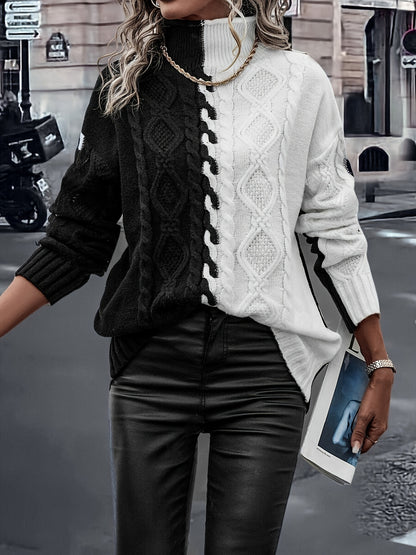 Elegant High-Neck Striped Blouse – Color-Block Knit Long Sleeve Top