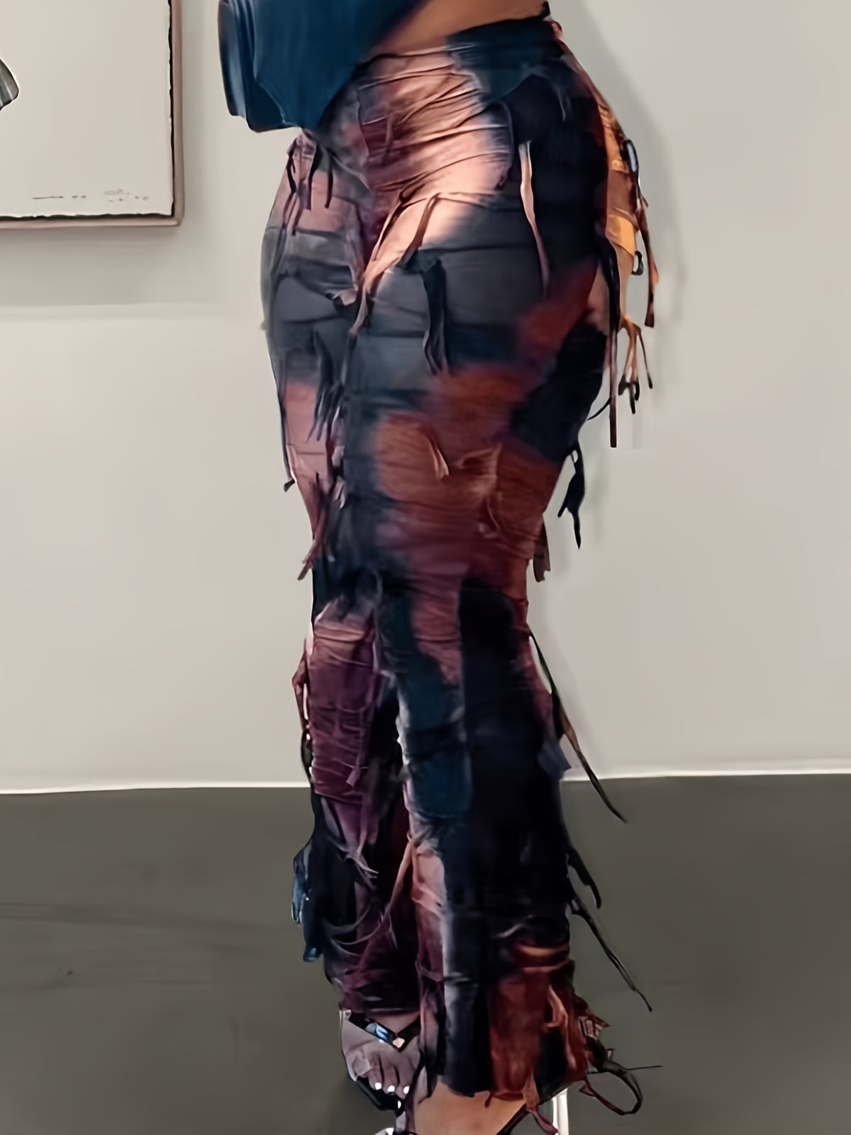 Tie-Dye Mesh Flare Pants – High-Waisted Fringe Detail Semi-Sheer Trousers