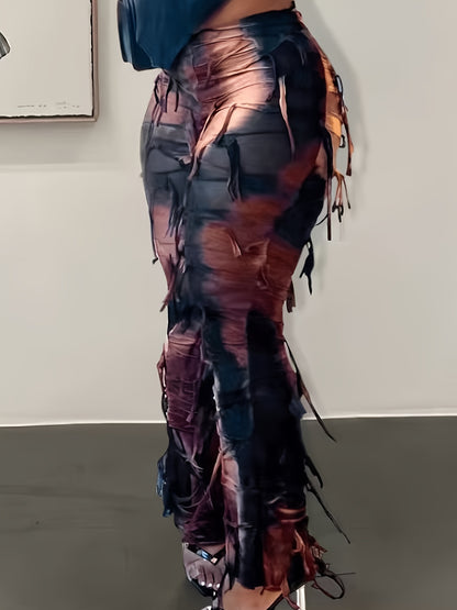 Tie-Dye Mesh Flare Pants – High-Waisted Fringe Detail Semi-Sheer Trousers