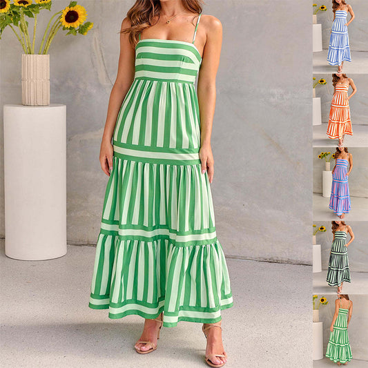 Loom & Soul™ Striped Maxi Sundress – Women’s Backless Square Neck Beach Vacation Dress with Pockets