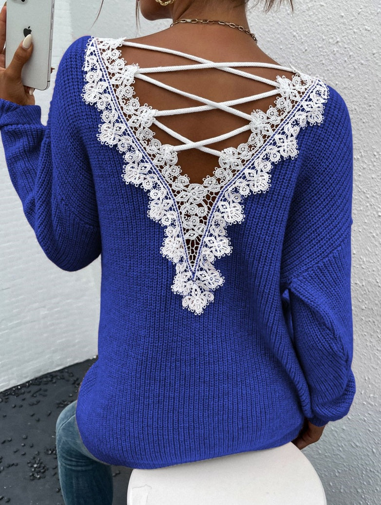 Pull sans manches col V dos nu Y2K pour femme – Tricot streetwear à bandes