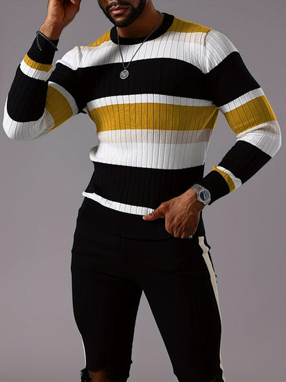 Men’s Striped Ribbed Knit Sweater – Color-Block Fall Winter Pullover