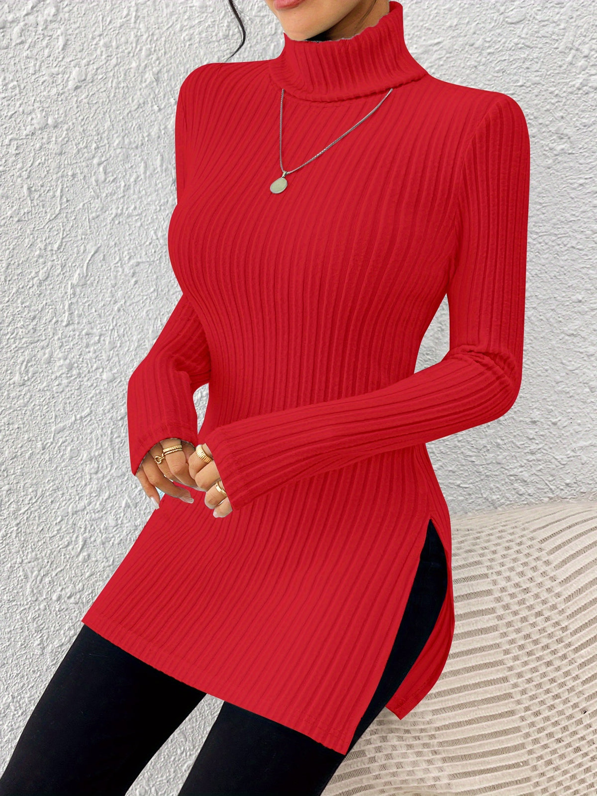 Haut élégant à col roulé pour femme – Tricot doux à manches longues et col montant
