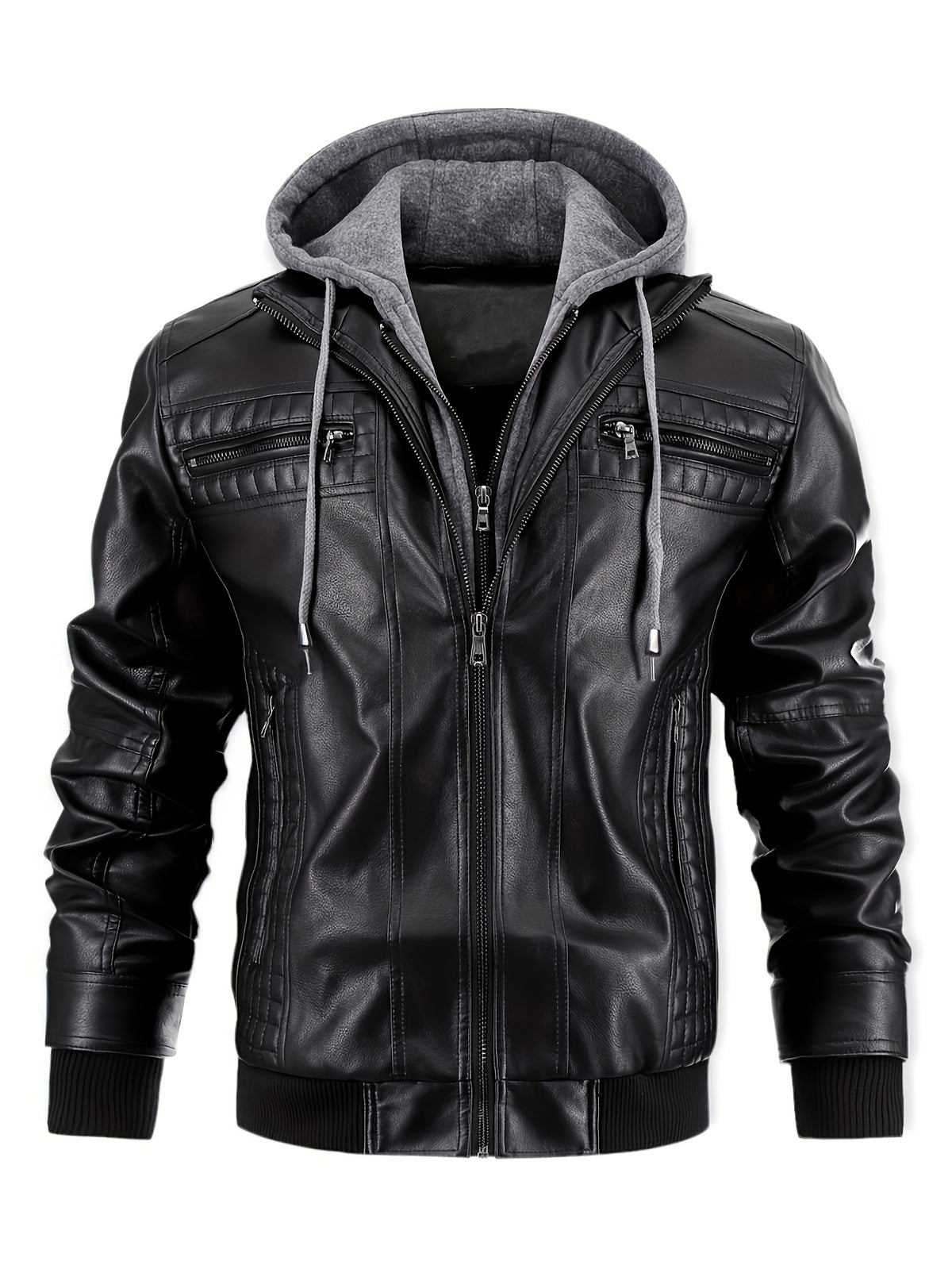 Men’s PU Leather Bomber Jacket – Zip-Up w/ Removable Hood