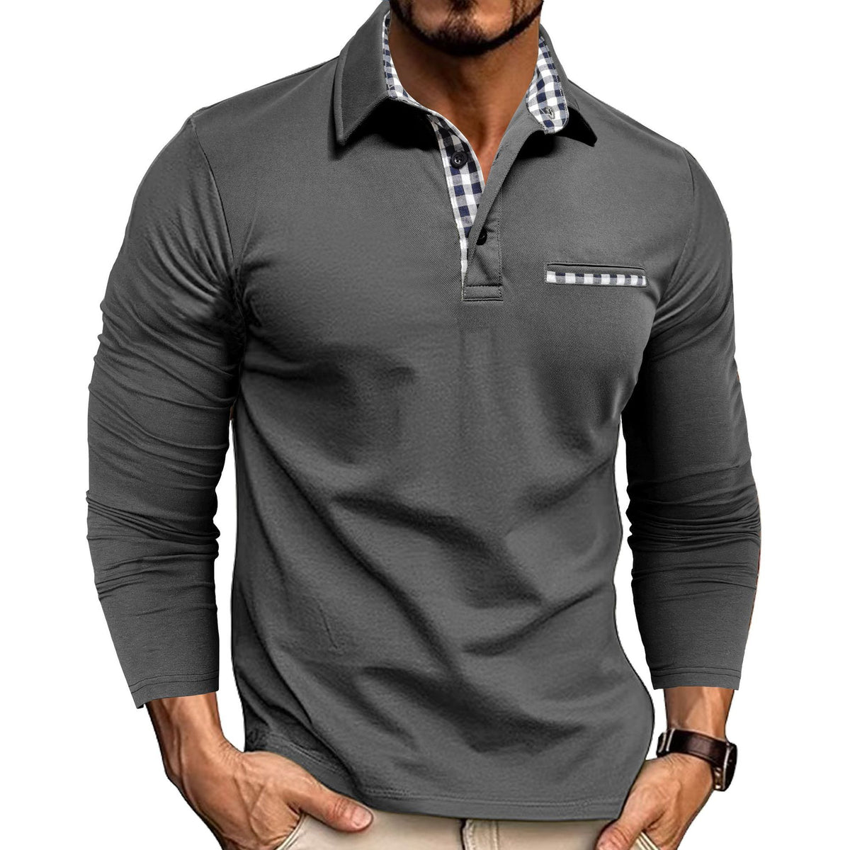 Polo à manches longues tissé et carreaux avec empiècements pour homme Loom & Soul™ – Haut décontracté de couleur unie