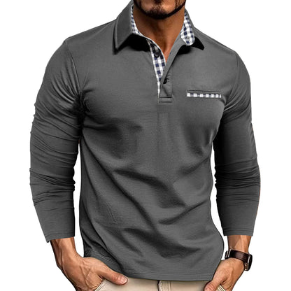 Polo à manches longues tissé et carreaux avec empiècements pour homme Loom & Soul™ – Haut décontracté de couleur unie
