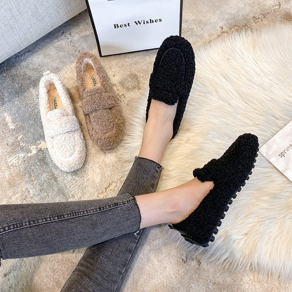 Loom & Soul Women’s Winter Plush Flats – Warm Lamb Wool Slip-On Loafers with Soft Lining and Flat Heel
