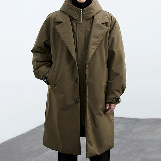 Men’s Hooded Faux Two-Piece Trench Coat – Mid-Length Warm Fit