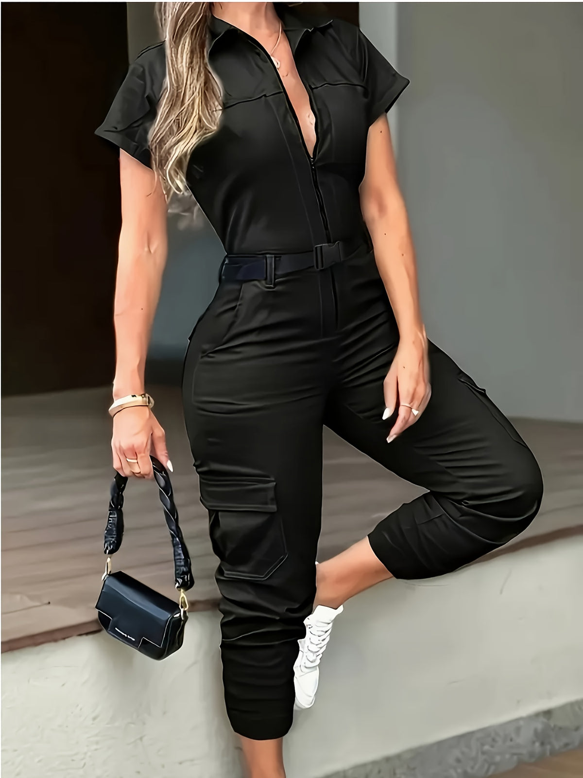 Zip Front Utility Jumpsuit – Belted Chic Overall Suit