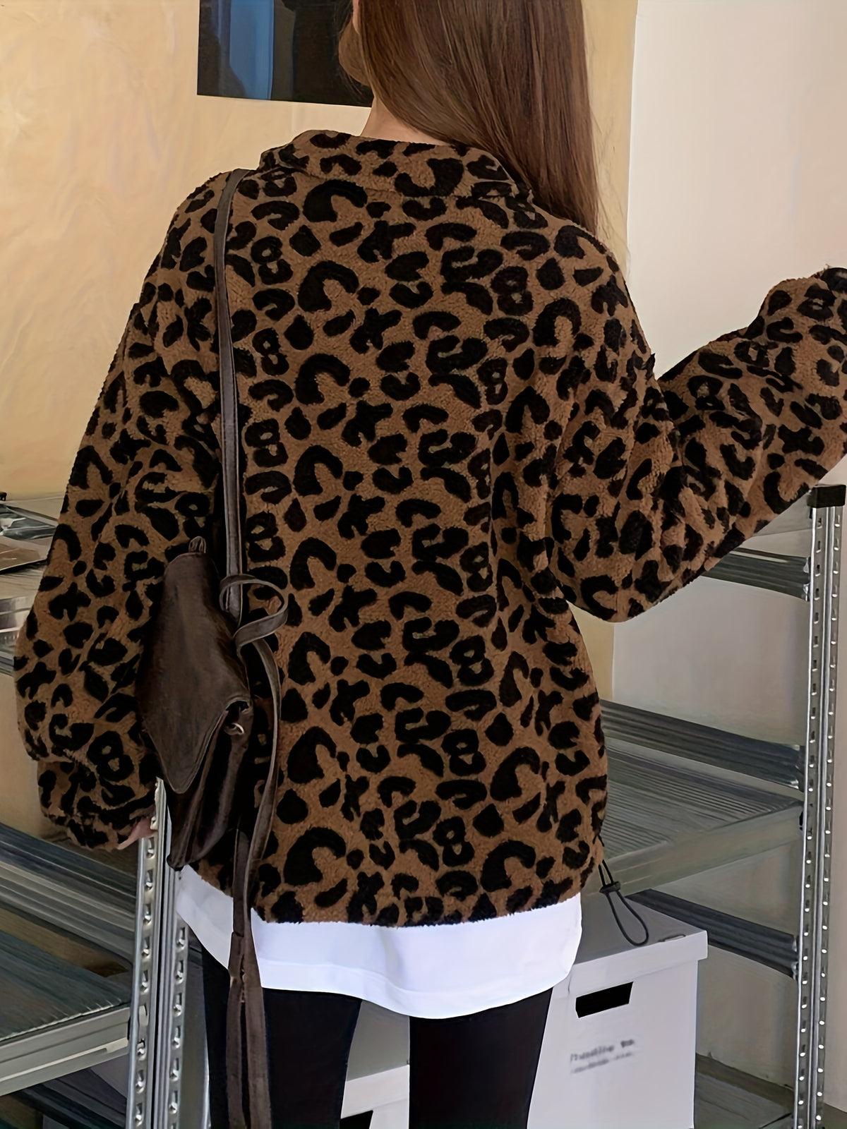 Sweat à Capuche Élégnant en Peluche Imprimé Léopard – Veste Doublée Polaire Douce à Fermeture Éclair