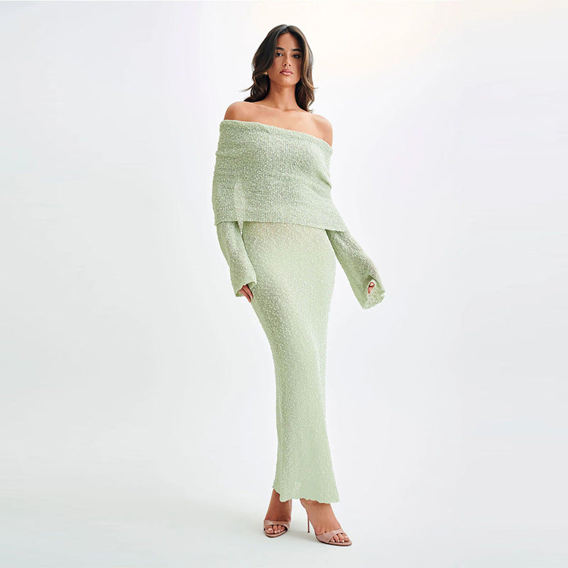 Robe longue en maille à une épaule – Robe de plage élégante à manches longues