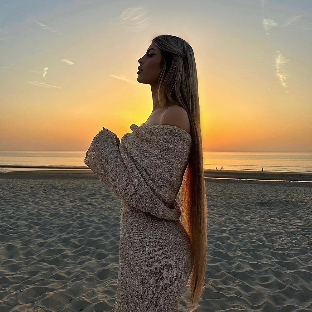 Robe longue en maille à une épaule – Robe de plage élégante à manches longues
