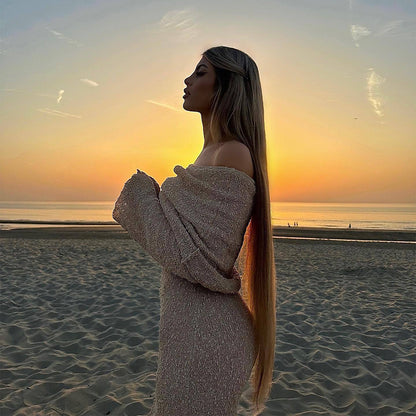Robe longue en maille à une épaule – Robe de plage élégante à manches longues