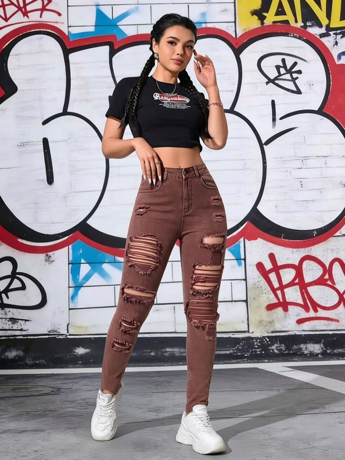 Women’s Brown Ripped Skinny Jeans – High Waist Stretch Fit