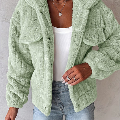 Veste douillette rose pâle en peluche pour femme – Manteau d'hiver chaud à revers boutonné