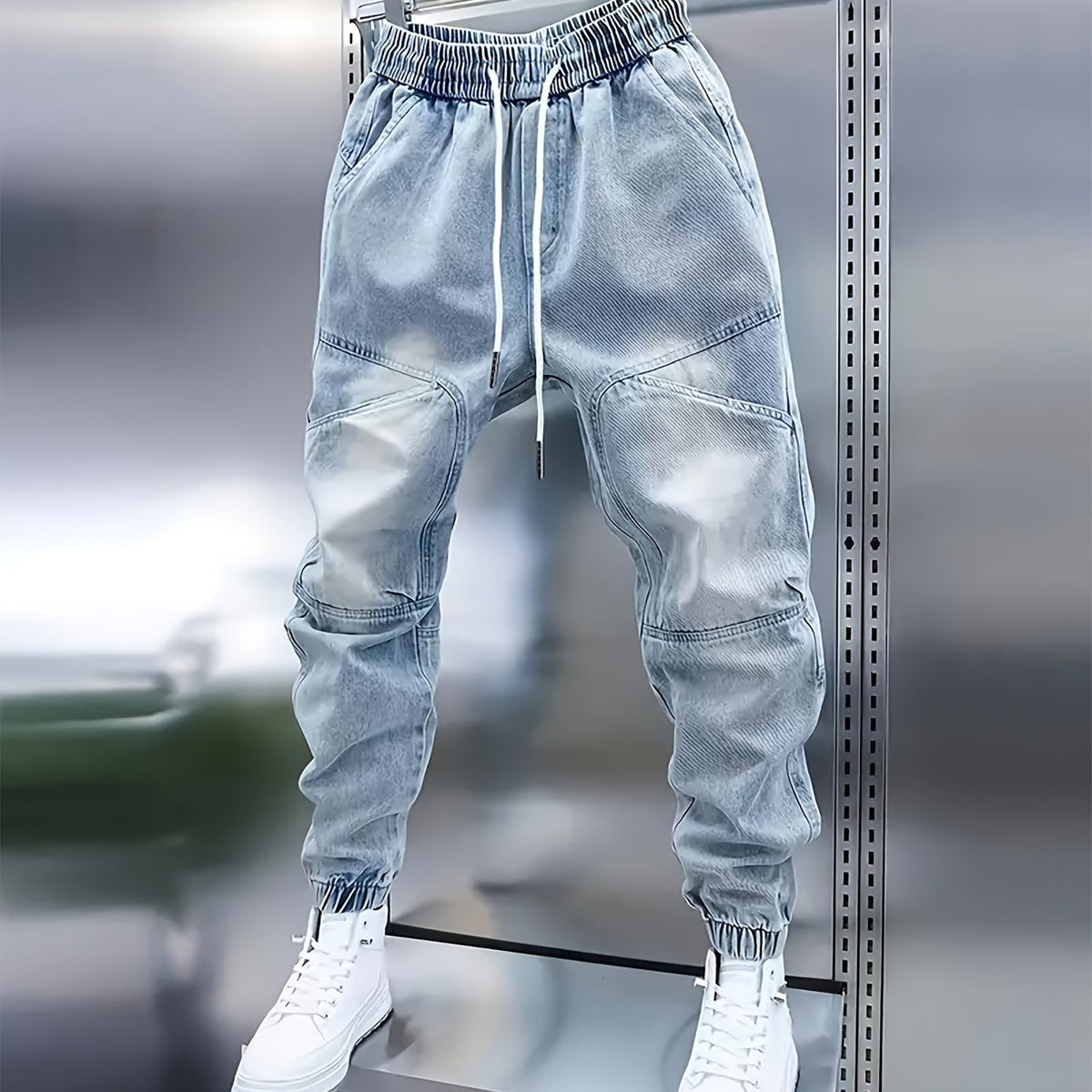 Pantalon de jogging en jean pour homme avec cordon de serrage – Jean patchwork coupe slim