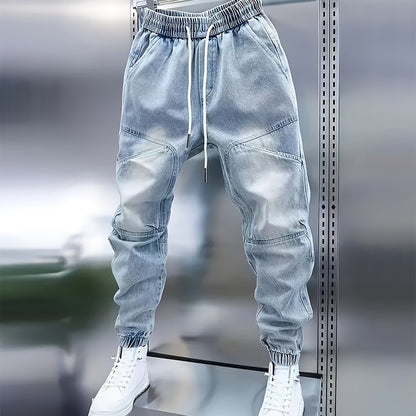 Pantalon de jogging en jean pour homme avec cordon de serrage – Jean patchwork coupe slim