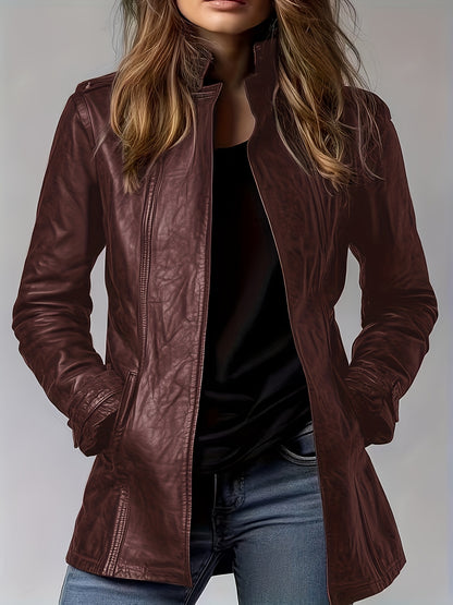 Blouson moto en cuir PU pour femme – Veste zippée style rétro à col montant