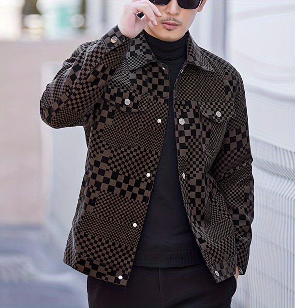 Manteau en PU à carreaux pour hommes – Veste de rue pied-de-poule noir et marron