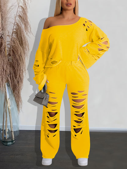 Conjunto de 2 piezas para mujer, hombros descubiertos, efecto envejecido – Top de manga larga y pantalón rasgado