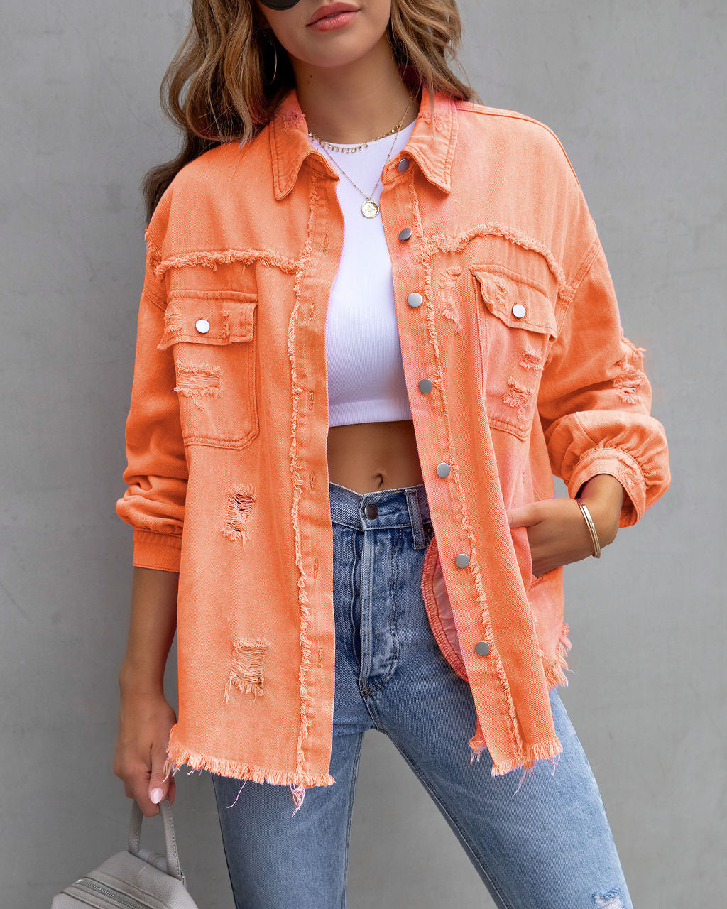 Veste chemise déchirée Loom & Soul pour femme – Haut décontracté ample boutonné pour le printemps et l'automne