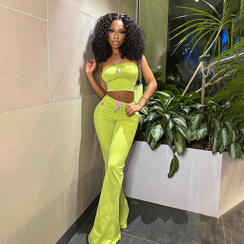Loom & Soul™ Summer Embroidered Two-Piece Set – Women’s Tube Top & High-Waist Bell-Bottom Pants
