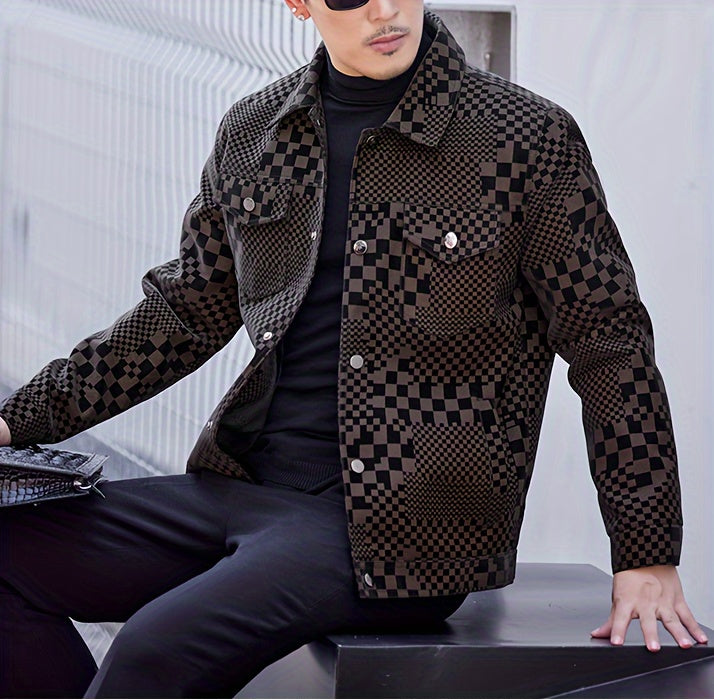 Manteau en PU à carreaux pour hommes – Veste de rue pied-de-poule noir et marron