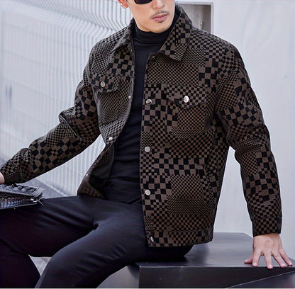 Manteau en PU à carreaux pour hommes – Veste de rue pied-de-poule noir et marron