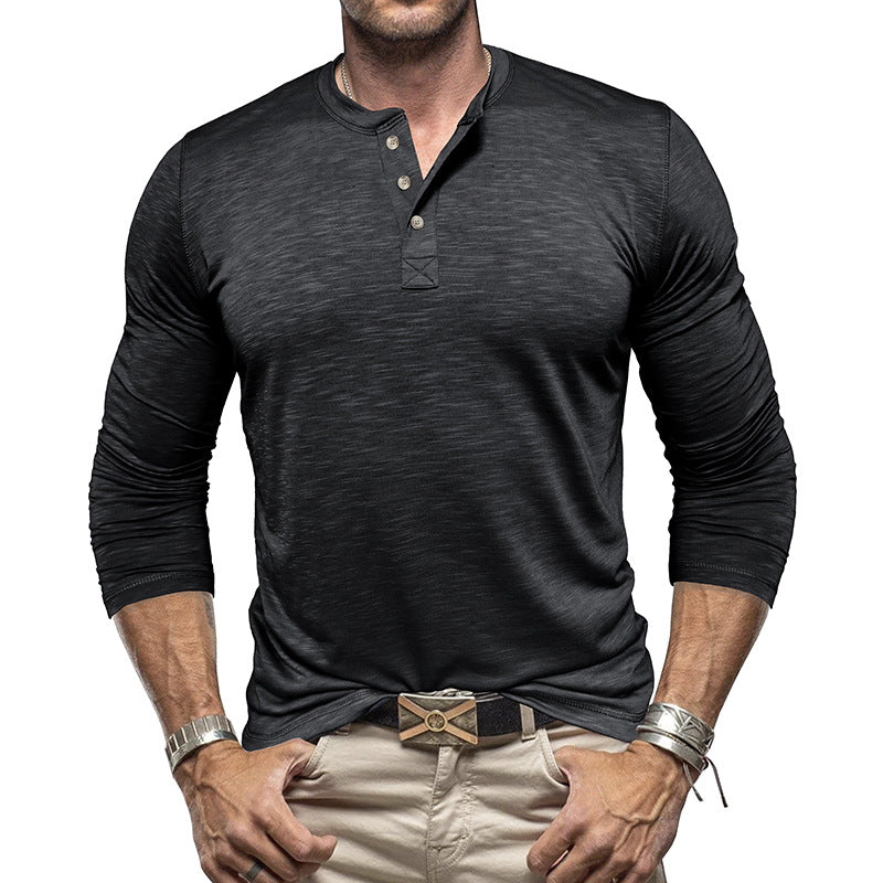 Camisa Henley de manga larga para hombre - Pulóver informal de algodón Slub