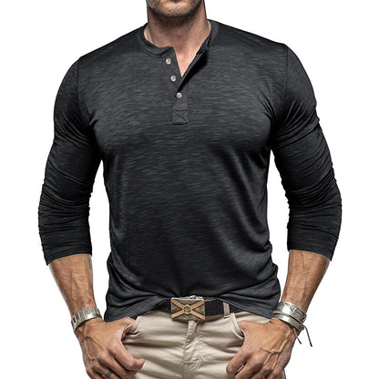 Camisa Henley de manga larga para hombre - Pulóver informal de algodón Slub