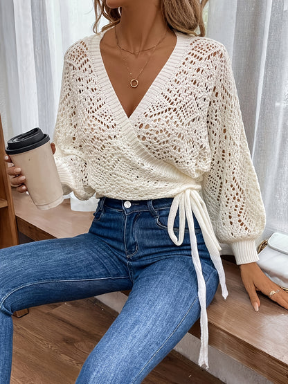 Elegant V-Neck Lantern Sleeve Sweater – Lightweight All-Season Pullover