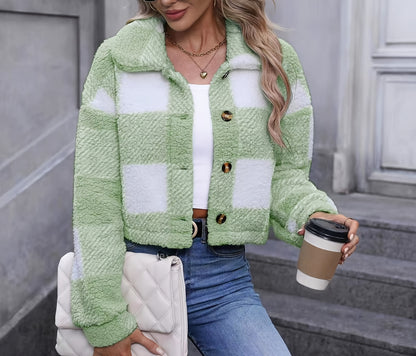 Manteau en peluche à carreaux pour femme – Vêtement d'extérieur chaud à carreaux pour l'automne/hiver avec boutons