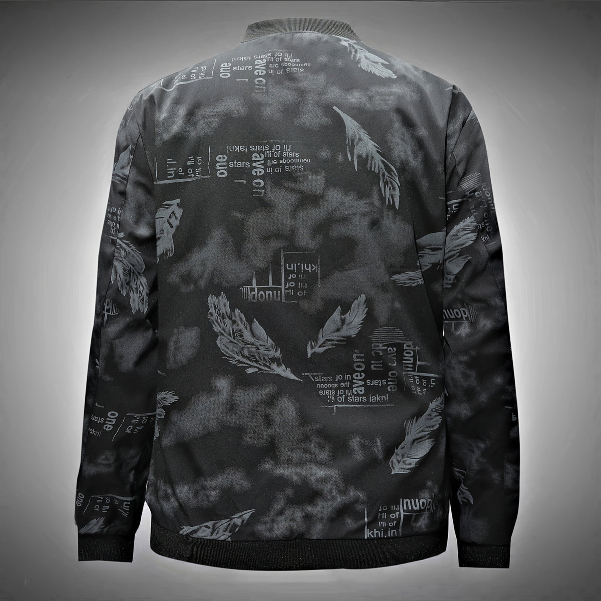 Men’s Feather Print Track Jacket – Zip-Up Baseball Collar Street Coat