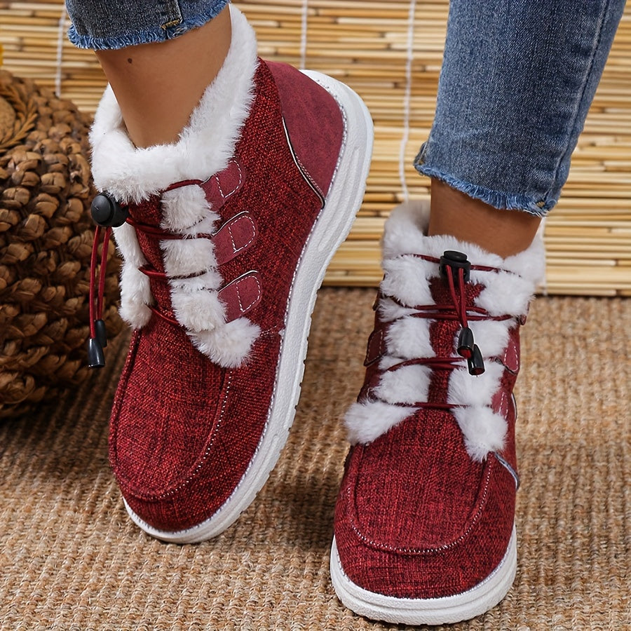 Women’s Faux Fur Slip-On Shoes – Cozy Winter Warm Beige Drawstring Loafers