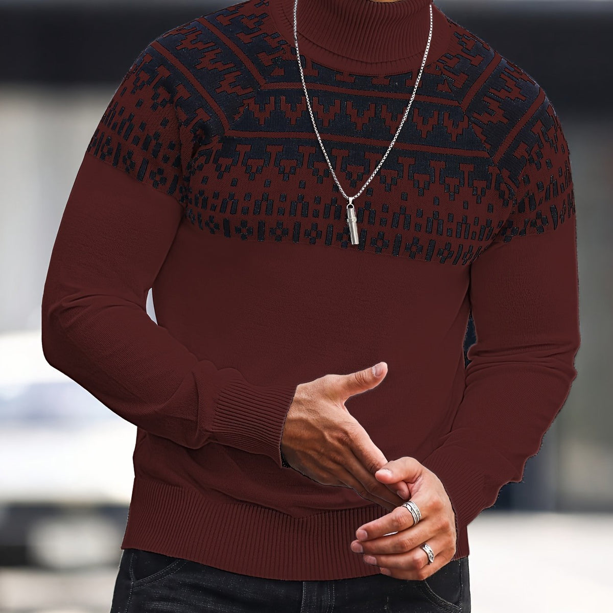Men’s Geometric Turtleneck Sweater – Casual Knit Pullover for Fall & Winter