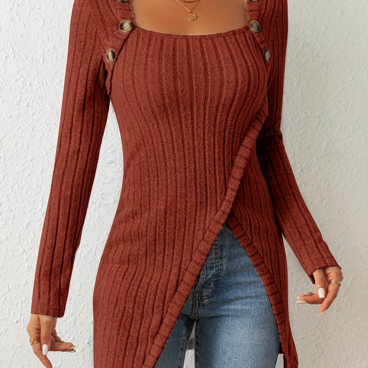 T-shirt en maille ajusté pour femme – Haut à manches longues et col carré