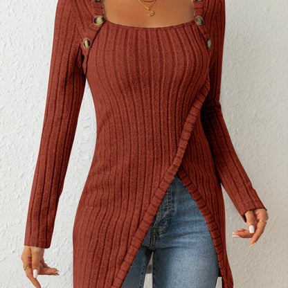 T-shirt en maille ajusté pour femme – Haut à manches longues et col carré