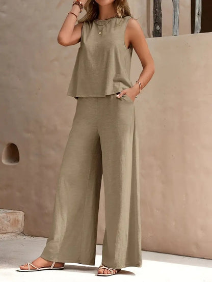 Women’s Linen Two-Piece Set – Sleeveless Top & Loose Pants Outfit