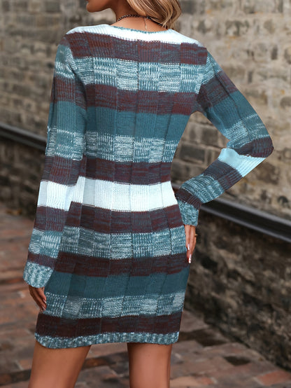 Robe pull color block pour femme – Col en V ample, tenue d'automne en maille