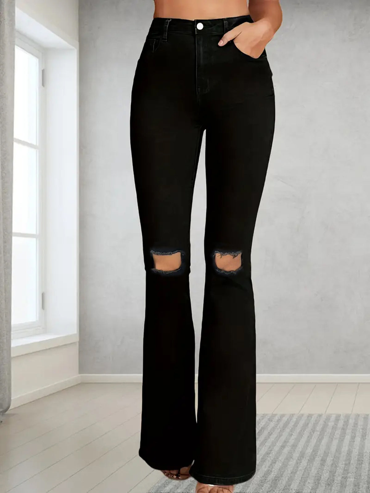 Women’s Plus Size High-Waist Micro Flare Jeans – Ripped Stretch Denim