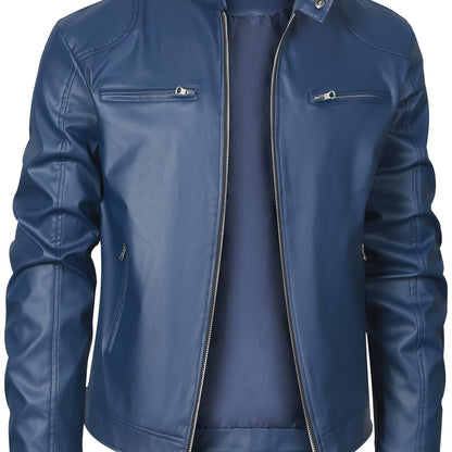 Men’s Windproof PU Jacket – Stand Collar Motorcycle Street Coat